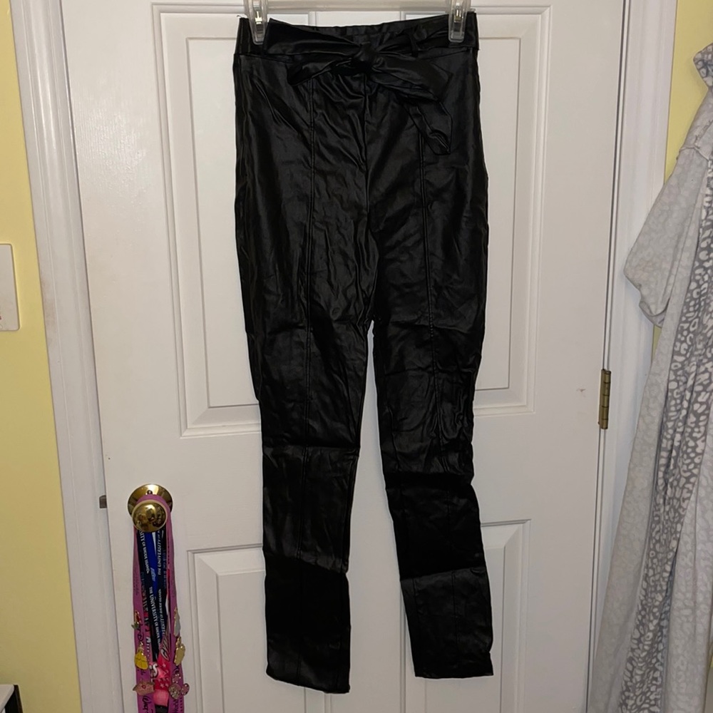 Black Leather Pants with Bow Tie Waist